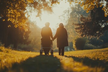 Female caregiver and senior woman with walker enjoying a walk in nature on a warm day, promoting active living and outdoor exercise in a nursing home setting, Generative AI