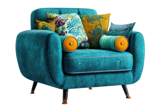 Stylish Turquoise Armchair with Floral and Geometric Pillows on a Black Background Home Decor Idea - Powered by Adobe