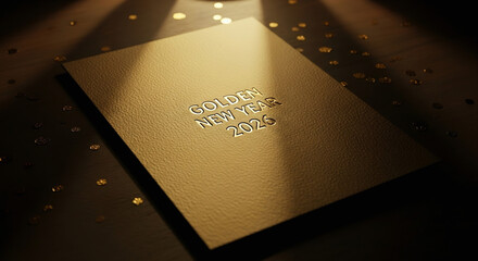 Golden New Year's 2026: An eye-level shot of a golden card embossed with Golden New Year 2026, symbolizing the beginning of a new year in the spotlight.