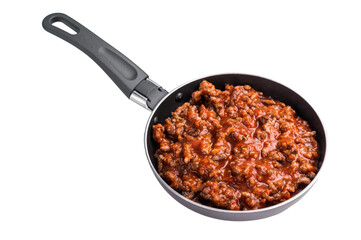Italian bolognese sauce with minced beef in a pan isolated on white background
