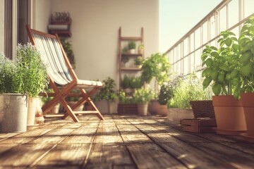 Sunny balcony with wooden deck, plants, and chair