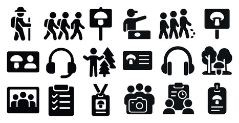 Hiking and outdoor activities silhouette icons set – solid, filled, nature symbols