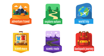 Colorful vector illustration showcasing adventure travel, nature exploration, world trips, and scenic routes, ideal for travel agencies and tourism marketing.