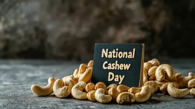 Cashews surrounding chalkboard sign celebrating National Cashew Day