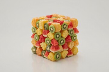 Colorful fruit cube, studio shot, white background, food art, recipe inspiration