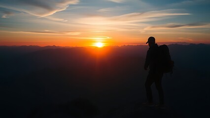 Fototapeta premium Silhouette of mountain climber at sunrise with dramatic landscape