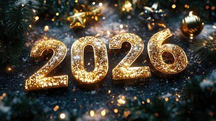 Golden shiny Happy New Year 2026 lettering animation with sparkling effects, festive Christmas celebration concept, elegant greeting inscription for holiday wishes, digital glitter background.