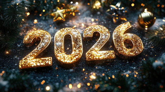 Golden shiny Happy New Year 2026 lettering animation with sparkling effects, festive Christmas celebration concept, elegant greeting inscription for holiday wishes, digital glitter background. - Powered by Adobe