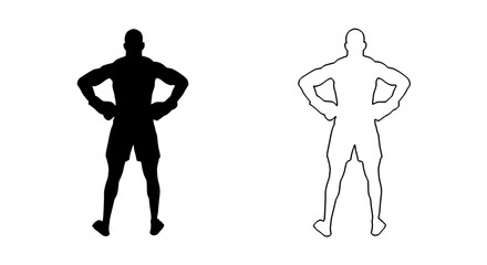 a black and white image of a silhouette of a man standing in a pose black, body, hip, image, male, man, pose, silhouette, stand 