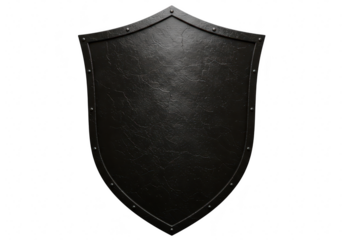 A black metal shield stands ready for battle, isolated on transparent background