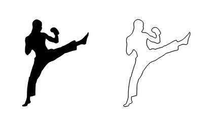 a black and white silhouette of a man and a woman black, kick, man, martial, silhouette, woman 