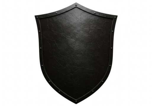 A black metal shield stands ready for battle, isolated on transparent background