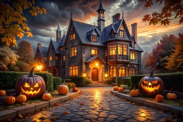 Obraz premium Halloween Night Spooky Mansion with Pumpkins and Autumn Foliage