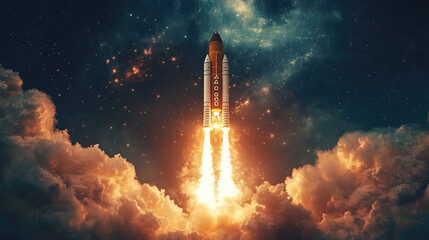 A rocket launches into space, surrounded by clouds and a starry sky. The scene captures the power and excitement of space exploration.