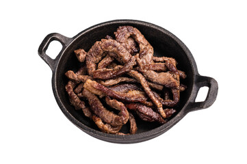 Fried beef tender strips, sliced steak in a skillet isolated on white background