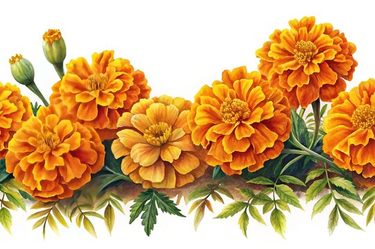 Vibrant watercolor painting of bright orange marigolds with green leaves on white
