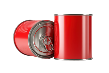 Red cans stacked together studio setting product photography close-up. Isolated on transparent background, png.