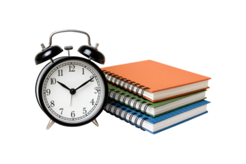 Alarm clock and stack of notebooks isolated on transparent background.