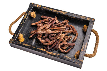 Beef fritter, Deep fried beef tender strips, sliced meat in a tray isolated on white background