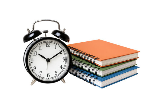 Alarm clock and stack of notebooks isolated on transparent background.