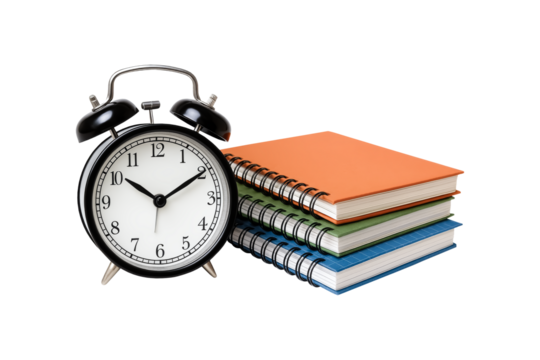 Alarm clock and stack of notebooks isolated on transparent background.