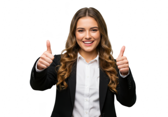 A smiling businesswoman in a black suit gives a thumbs up, isolated on transparent background