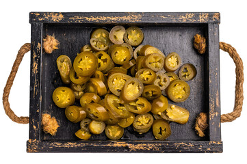Pickled Jalapeno, Marinated Green Mexican pepper Slices in a tray isolated on white background