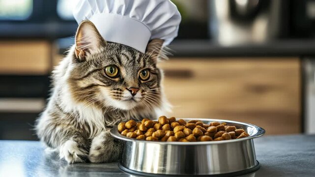 Tabby cat wearing chef hat beside dry food bowl in kitchen setting