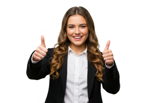 A smiling businesswoman in a black suit gives a thumbs up, isolated on transparent background - Powered by Adobe