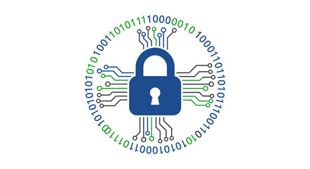 A digital illustration shows a blue padlock in the center, surrounded by binary code and circuit board elements, symbolizing cybersecurity and data protection.