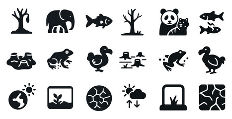 Endangered species solid icons set – flat, filled, wildlife preservation symbols