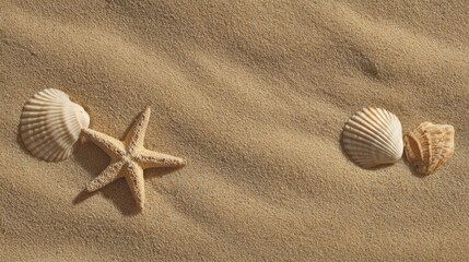 The starfish and seashells nestled in golden sand by the ocean shore.