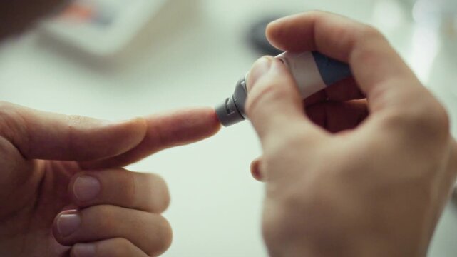 A person is checking their blood glucose levels by pricking their finger with a lancing device. The setting is well-lit, suggesting a health-related routine