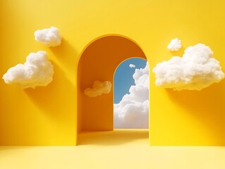Bright Yellow Room with Arched Doorway Opening to Blue Sky and White Clouds, Surrounded by Floating Soft Clouds