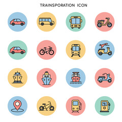 Collection of colorful transportation icons, depicting various vehicles and modes of travel.