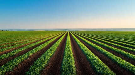 The Expansive Field of Vibrant Green Crops Under a Clear Blue Sky