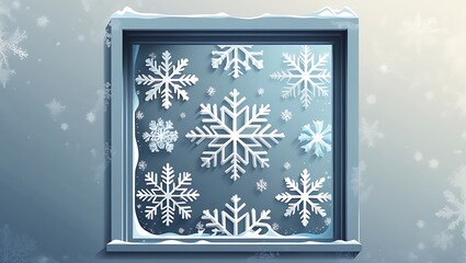 Window decorated with white paper snowflakes and snow drifts, winter scene with falling snow outside