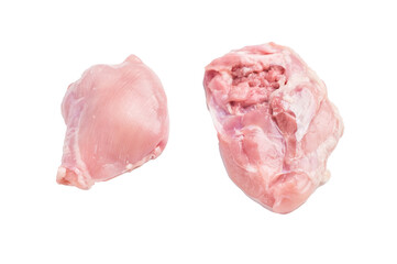 Raw chicken thighs fillet, Skinless boneless meat isolated on white background