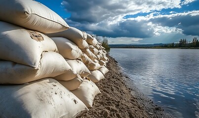 Sandbags Lined Along Flooded Riverbank Under Dramatic Cloudy Sky for Flood Protection and Emergency Preparedness