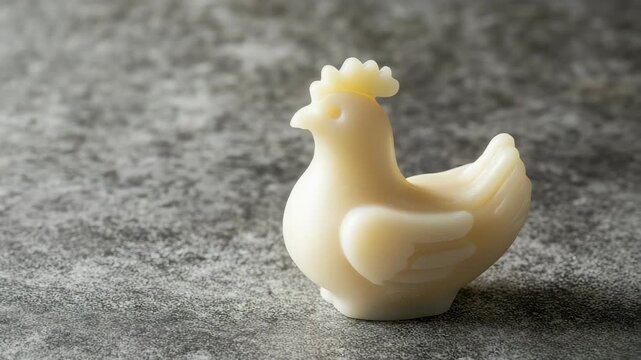 Small, white, wax bird sculpture on gray surface