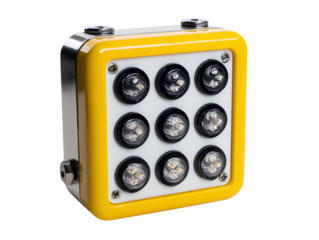 Yellow square panel with black and white lights on a white background