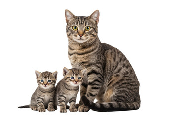 A mother tabby cat sits with her two adorable kittens on a plain transparent background