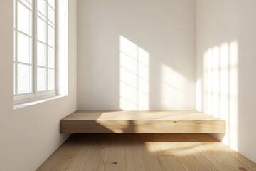 Fototapeta premium Sunny corner with wooden bench in bright room
