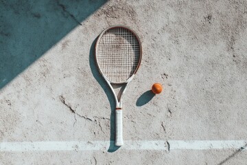 Tennis racket and ball on light gray court
