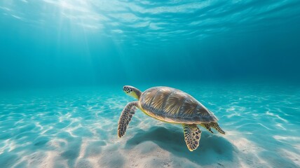 Obraz premium A green sea turtle navigates through tranquil, sunlit ocean waters near a sandy seabed.