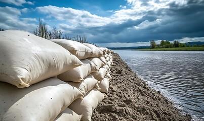 Sandbags Lined Along Flooded Riverbank Under Dramatic Cloudy Sky for Flood Protection and Emergency Preparedness