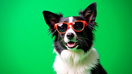 Fototapeta premium border collie dog on a green background in red glasses