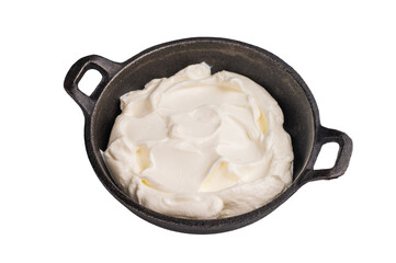 Greek yogurt in a bowl isoalted on white background. top view
