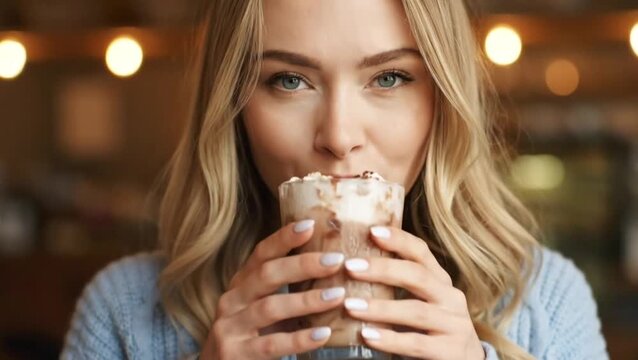 beautiful blonde woman drinking iced chocolate coffee in a glass