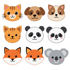 Obraz premium Adorable cartoon animal faces: cat, dog, panda, fox, koala.